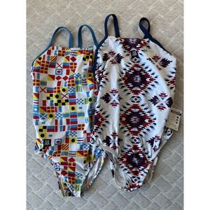 Hard Core Sport Swimsuit Lot 2 Womens 34 One Piece Caliback Desert Diamond Flags